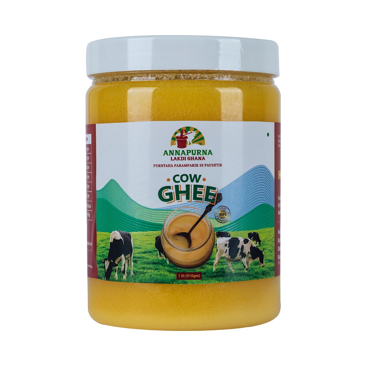 Natural Desi Cow Ghee By Annapurna Lakdi Ghana | High In Protein Fiber & Nutrients Healthy Desi Ghee Perfect For Baby Body Massage | (1 Litre) 33.8 Ounce | Jar Pack