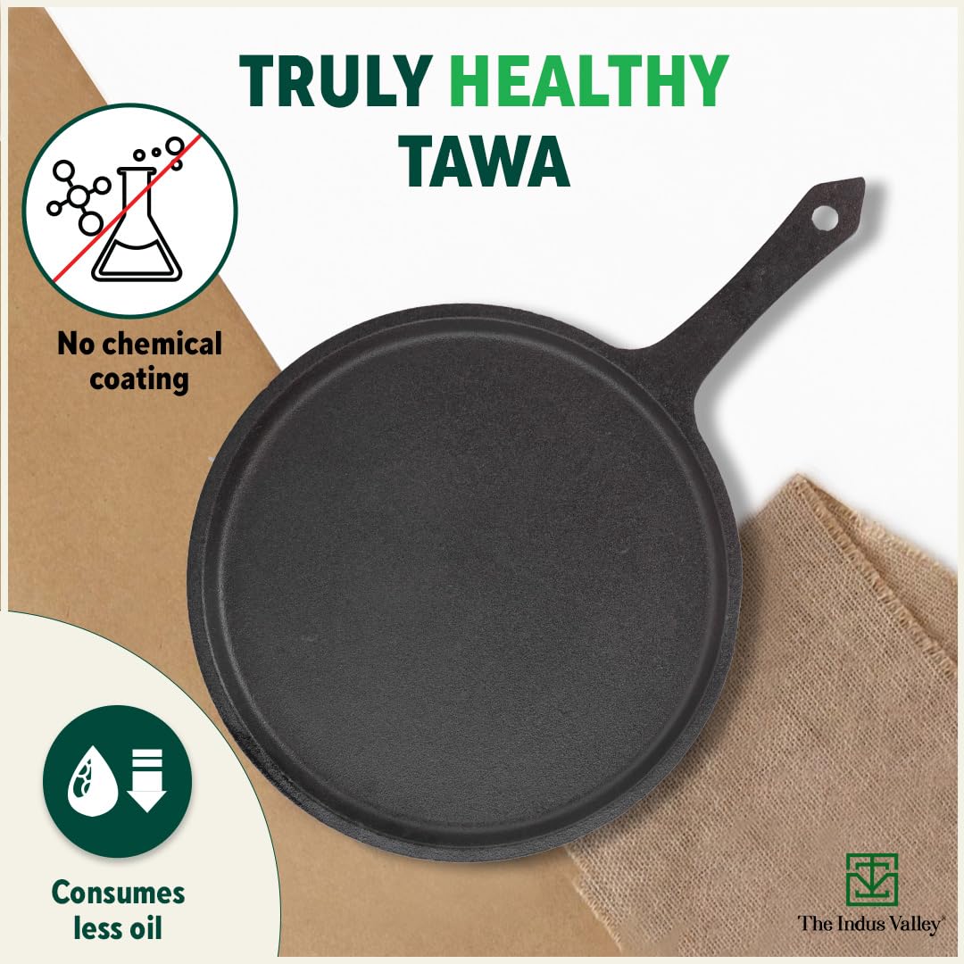 Pre-Seasoned Black Cast Iron Cookware Set + Free Tadka Pan | Tawa 25.7cm + Kadai 25.4cm, 2.3 Liters + Fry Pan 23cm, 1.4 Liters - Kitchen Cooking Combo Pots & Pans Set Of 4 Pcs | Naturally Nonstick