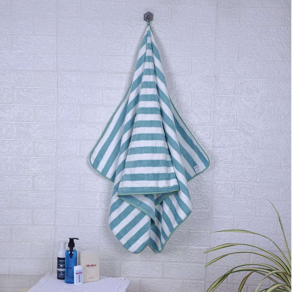 Mjn Microfiber Bath Towels Strip 310 Gsm | Extra Soft Plush & Quick Dry High Absorbency Large Size Towels For Bathing (Pista Line)