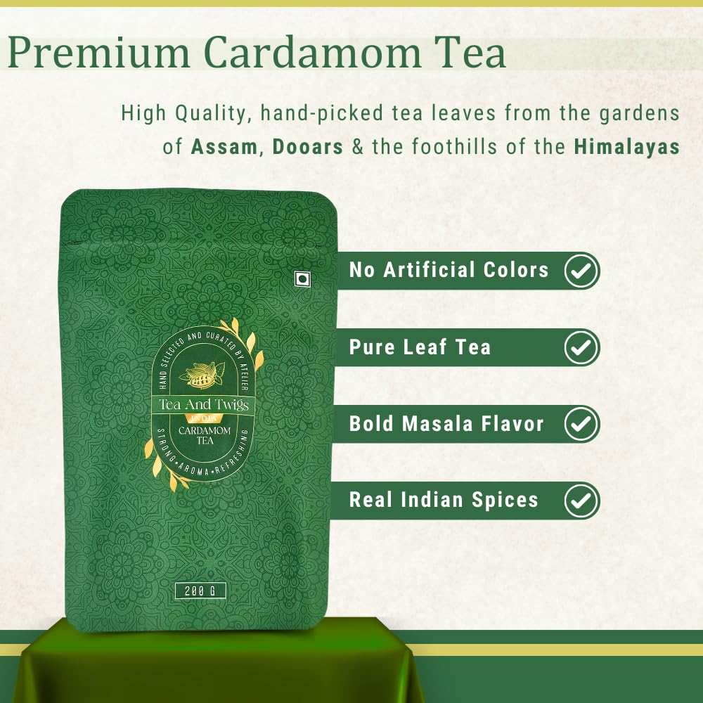 Tea And Twigs Strong Cardamom Tea - Pack Of 2 X 200gm, 7.05 Ounce Each | Premium Indian Chai With CTC Black Tea & Real Cardamom - Assam & Dooars Elaichi Chai