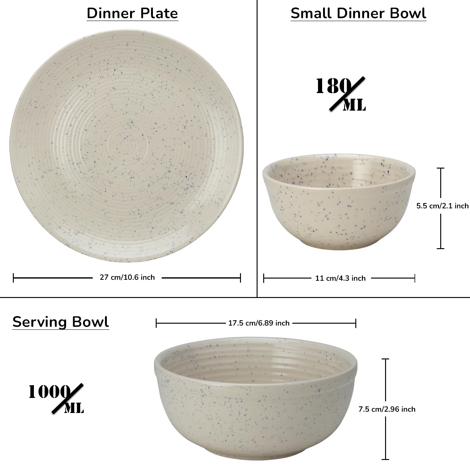 Handcrafted Ceramic Stoneware Dinner Set Of 10 Pcs With Serving Bowl Set - Ivory White | 4 Dinner Plates, 10.6 Inch Each + 4 Salad Bowl, 180ml Each+ 2 Serving Bowl, 1000ml Each