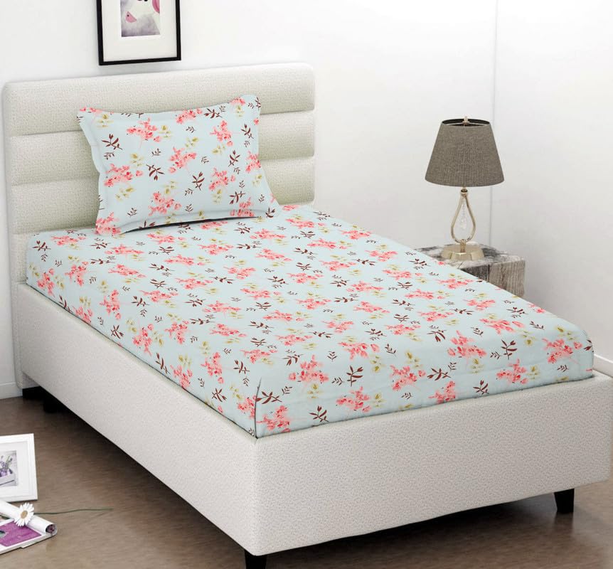 Single Bedsheet With 1 Pillow Covers - 60 X 90 Inches, Aqua | Super Soft Premium Brushed Glace Cotton Bedsheet, Breathable & Wrinkle Free