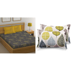 Cotton 1 Double Bedsheet With 2 Pillow Cover + Pillowcase Set (2 Pcs) | 88 X 96 Inches, Grey & Yellow | Breathable & Wrinkle Free Bedsheet
