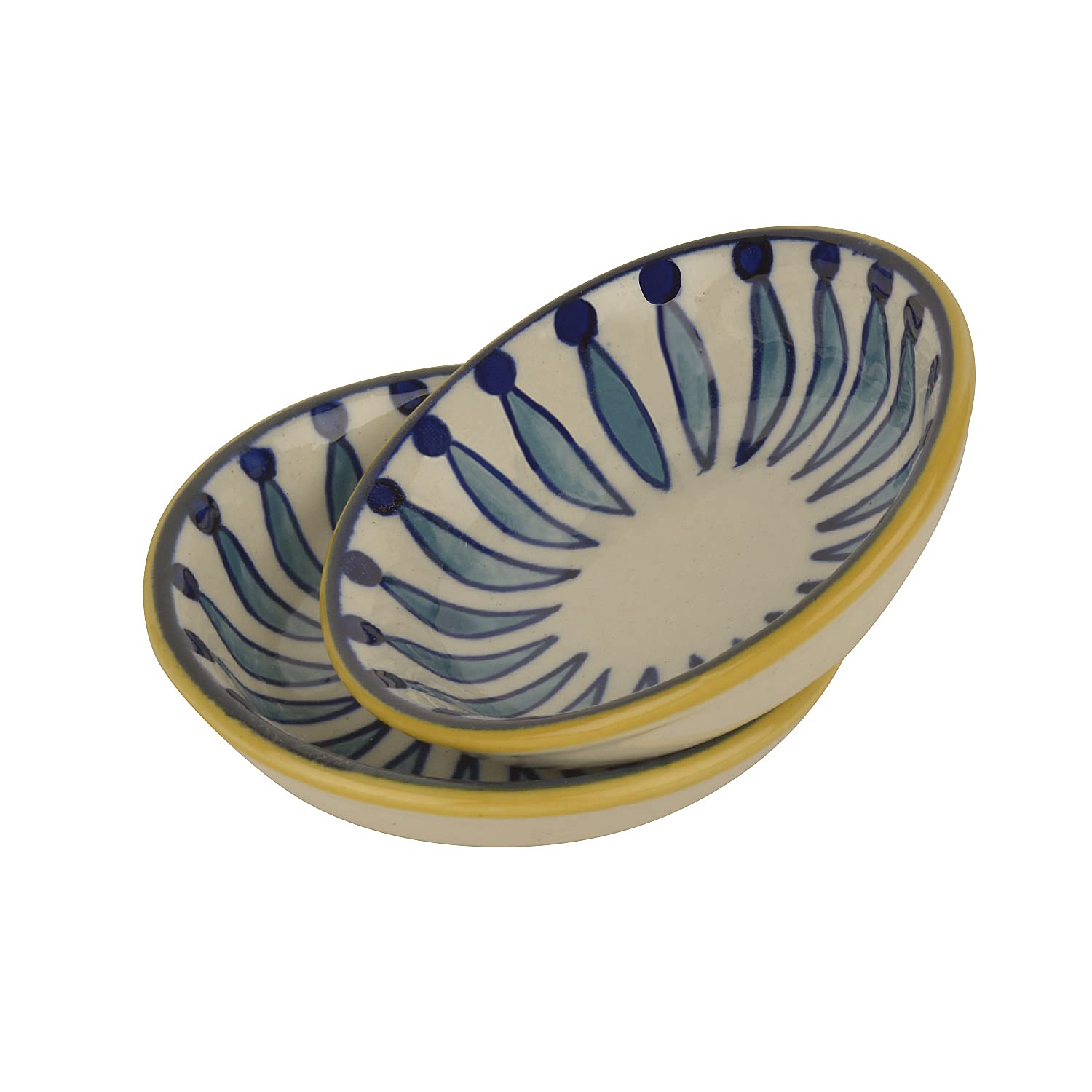 Hand Painted Ceramic Dip Bowls Set Of 2 - White & Blue, 50ml Each | Chutney Bowls, Ketchup Bowls - Pickle Serving Set - Kyoto Collection