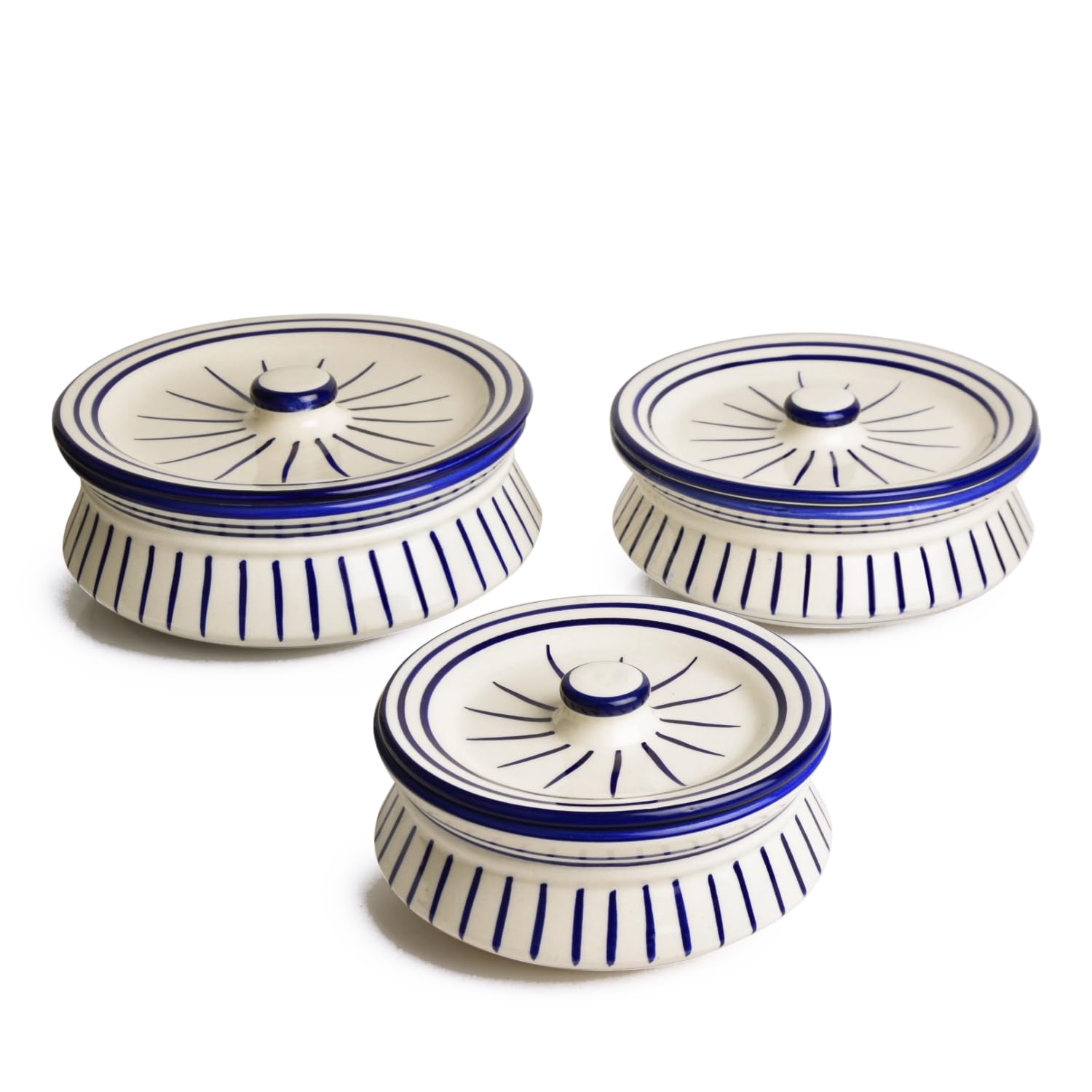 Hand Painted Ceramic Handi With Lid Set Of 3 - 1500ml, 1000ml & 700ml, White & Blue | Dinner Serving Set - Serving Pots, Biryani Handis | Gift Pack