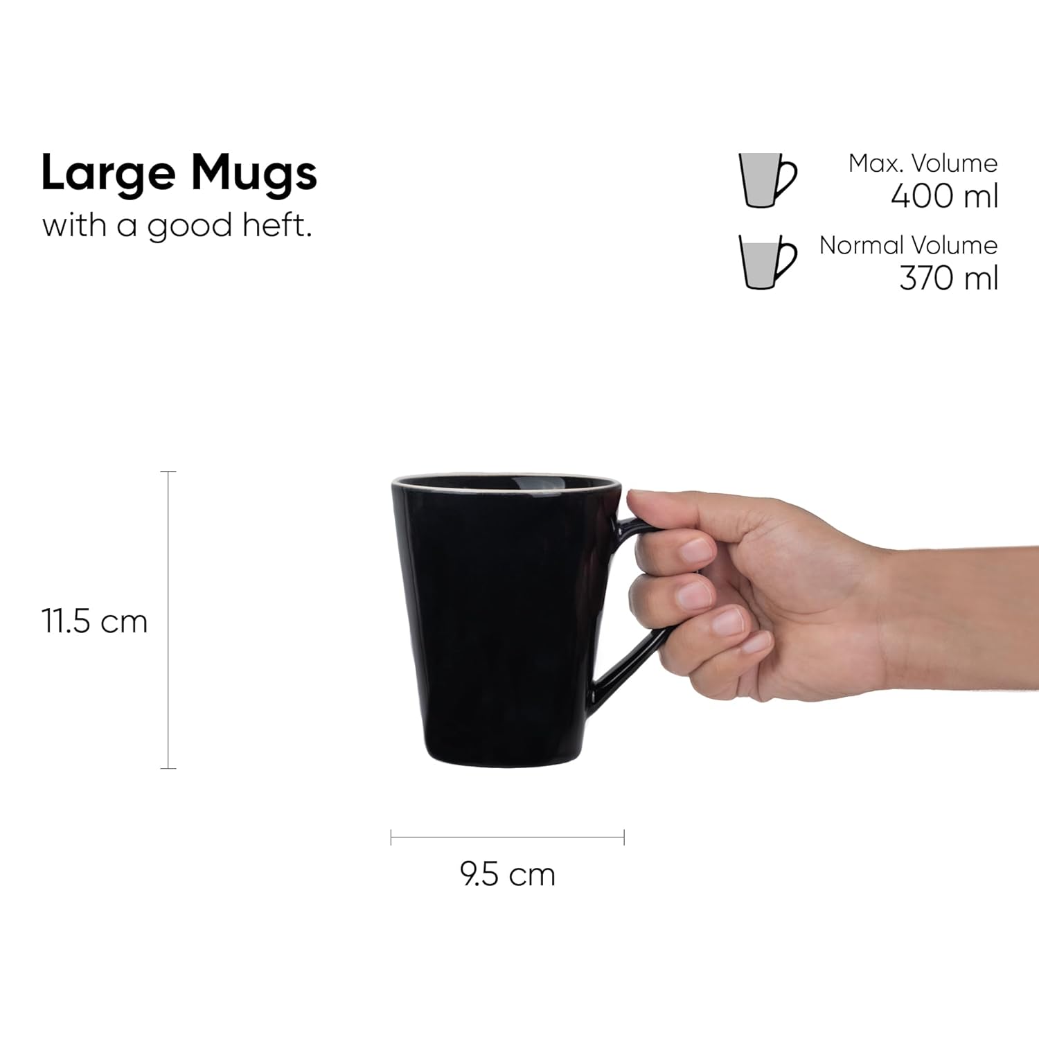 Large Ceramic Coffee Mug Set Of 2 - Black Rim, 350ml Each | Black Beauty Ceramic Mug - Tea Mug With Glossy Finish | Mug For Coffee - Ceramic Coffee Mug | Stoneware Coffee Cup - Microwave Safe