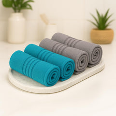 Akiko Home 100% Cotton Essential Series Face Towel 600 Gsm | Soft Absorbent & Durable Washcloth For Men & Women, Compact Travel Towel -Pack Of 4 (Teal & Grey)