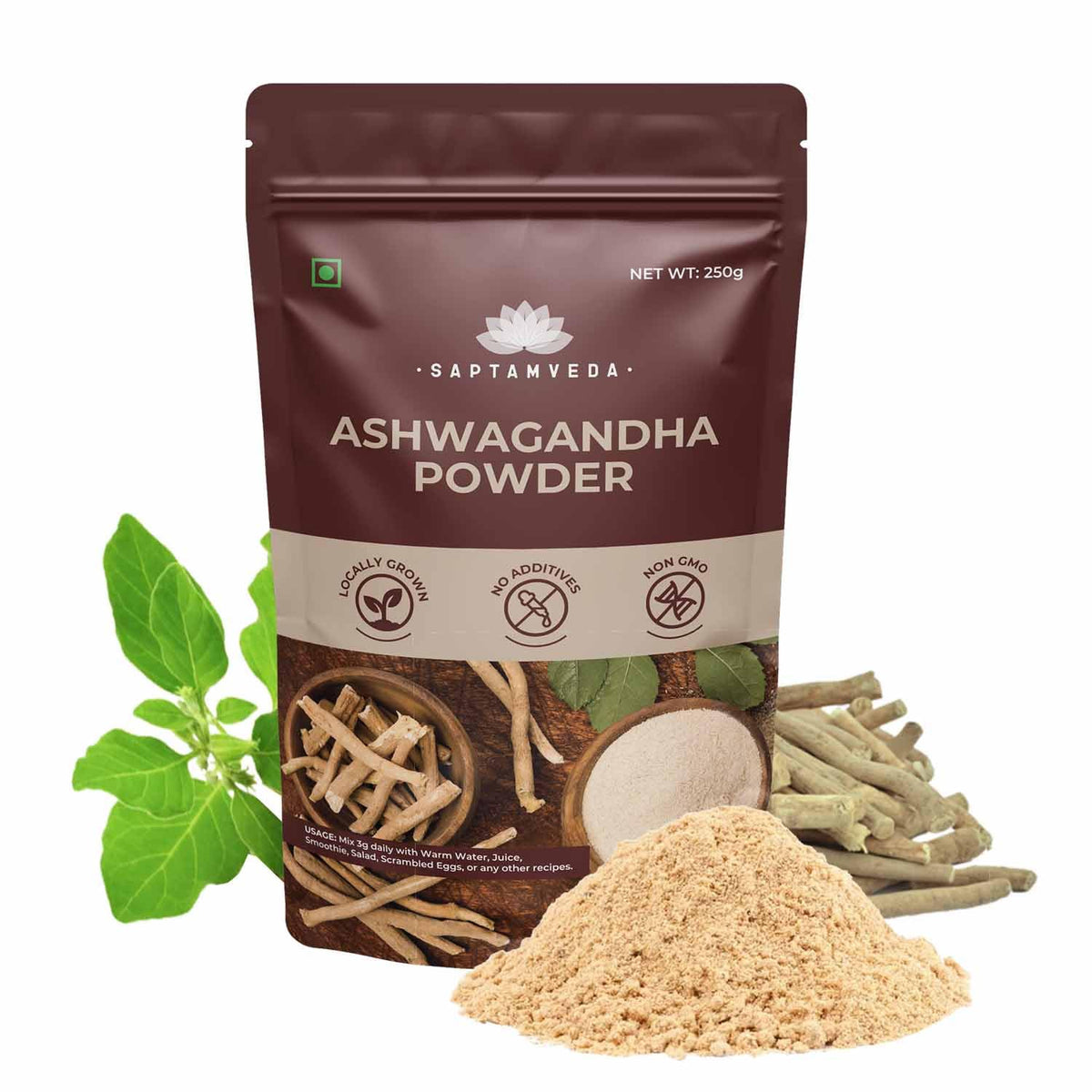 Saptamveda Premium Organic Ashwagandha Roots Powder Withania Somnifera, For Men And Women, Concentrated Extract Ratio Of 5:1. Enhance Your Daily Regimen Effortlessly | 250gm 0.5lbs