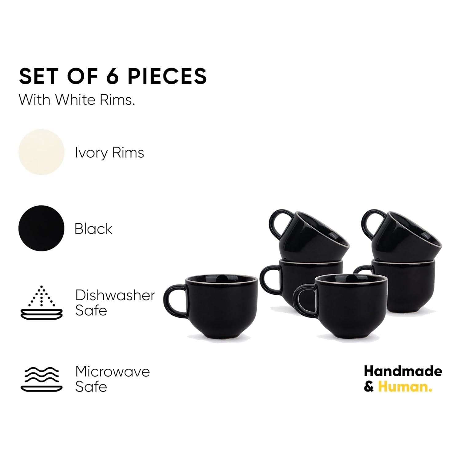 Ceramic Tea Cups Set Of 6 - Black Rim, 200ml Each, Tea Cup Set Of 6 | Premium Stoneware Tea Set With Glossy Finish - Ceramic Tea Cup | Small Cups For Tea - Microwave Safe & Dishwasher Safe