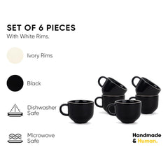 Ceramic Tea Cups Set Of 6 - Black Rim, 200ml Each, Tea Cup Set Of 6 | Premium Stoneware Tea Set With Glossy Finish - Ceramic Tea Cup | Small Cups For Tea - Microwave Safe & Dishwasher Safe