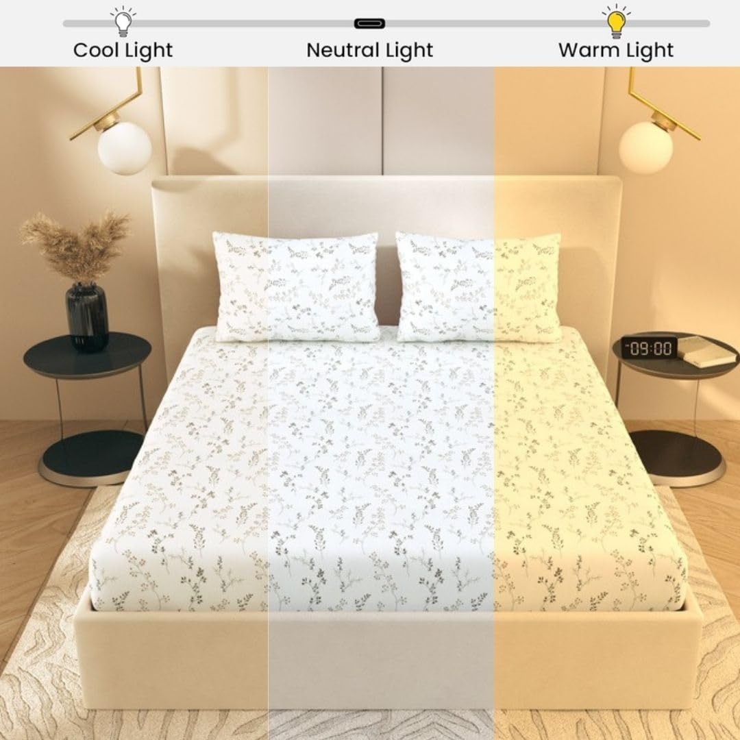 Elastic Fitted Bedsheet Double With 2 Pillow Covers | King Size - 72 × 78 X 8 Inches, White & Brown | Durable, Fade Resistant & Easy-Care Pure Cotton