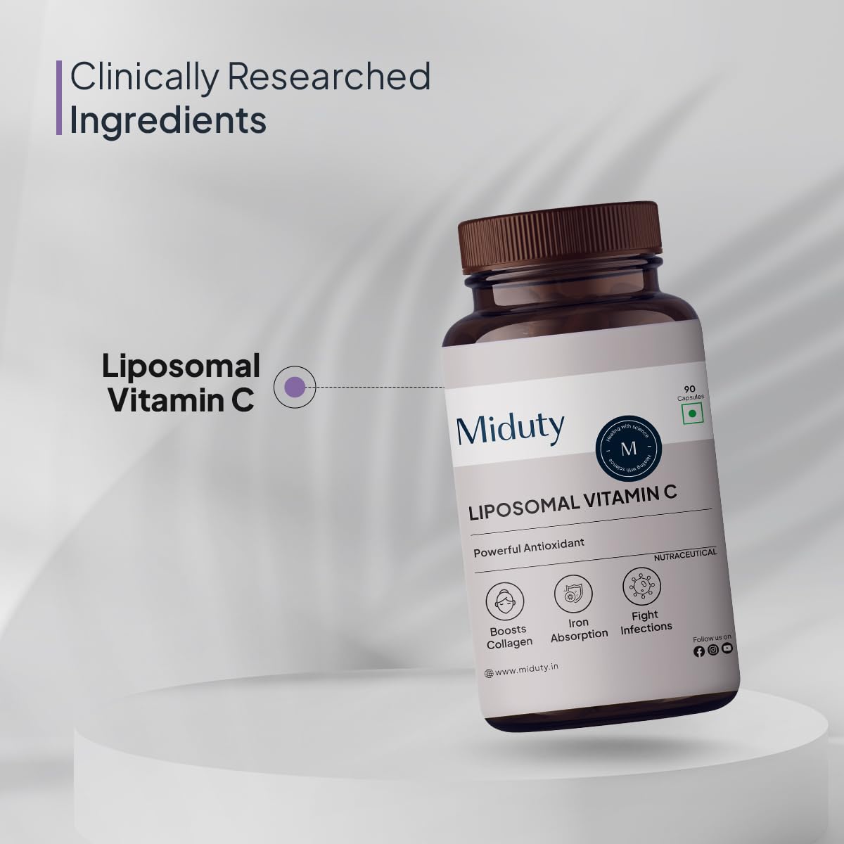 Miduty Liposomal Vitamin C Supplement Bioavailability, Antioxidant Vitamin, Skin Rejuvenation & Immunity Booster Body Detoxification Zeal Technology | 90 Capsules , 150gm 0.3lbs