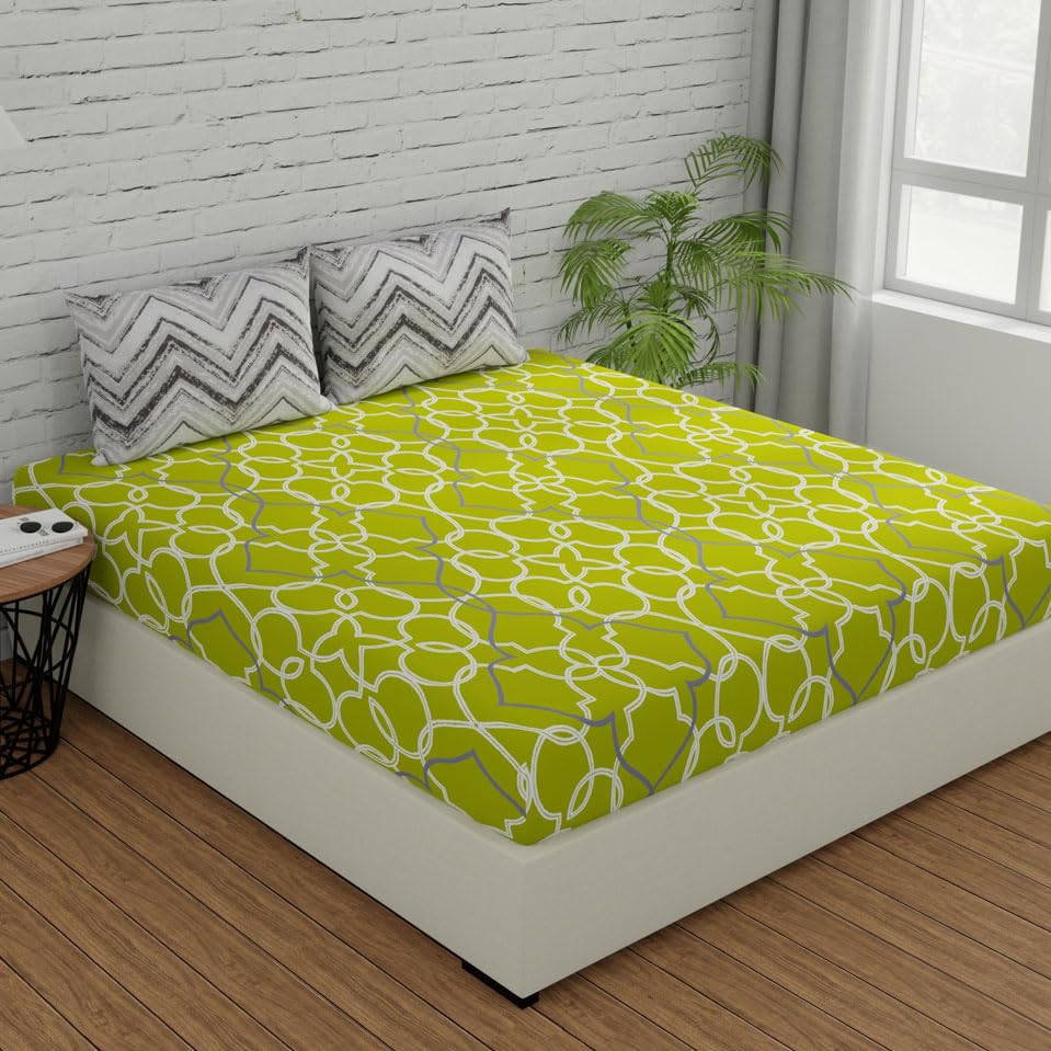 Bedsheets For King Size Bed Cotton With 2 Pillow Covers - 72 X 78 Inches, Green & Grey | All Around Elastic Fitted | Long Lasting & Soft To Touch