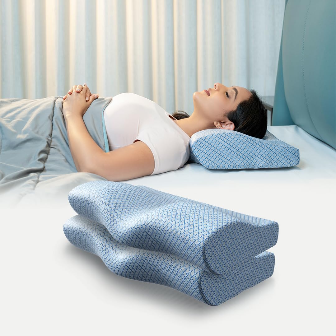 Cervical Memory Foam Pillow For Neck Pain, Standard Size - 19 X 11 X 4 Inch | Orthopedic Pillow Spondylitis Neck & Shoulder, Head Pain | Washable Jacquard Blue Cover - Pack Of 2