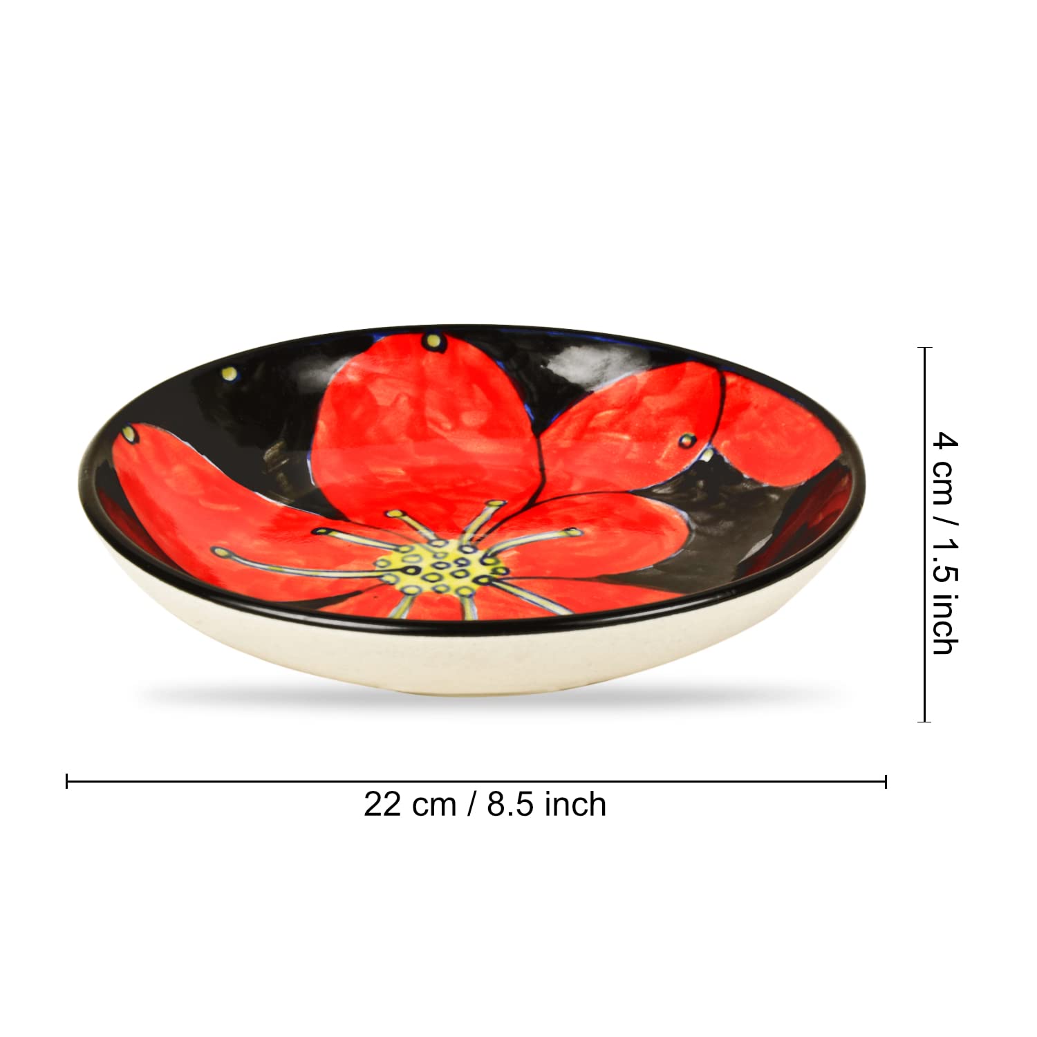 Hand Painted Ceramic Floral Round Pasta Serving Plates Set Of 6 - 8.5 Inches, Red & Black | Soup Plates - Ceramic Maggi Plates