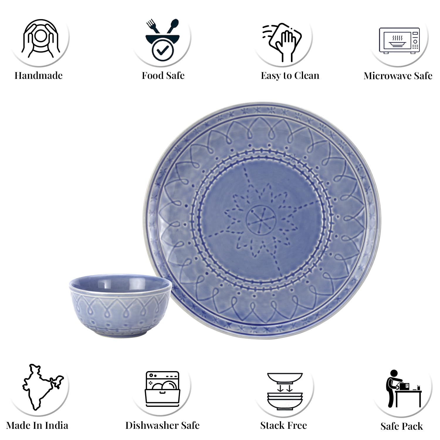 Handcrafted Stoneware Embossed Dinner Set Of 4 - Ceramic Pack Of 8 Pcs, Mist Blue | 4 Dinner Plates + 4 Bowl Or Katoris, 180ml Each - Microwave & Dishwasher Safe | Serving For 4