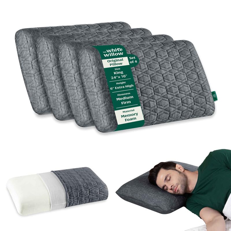 Memory Foam Pillow For Neck & Shoulder Pain Relief - Standard Size - 4 Inch | Cervical Pillow For Sleeping - Orthopedic Bed Pillow For Back, Side & Stomach Sleepers, Medium Firm - Set Of 4