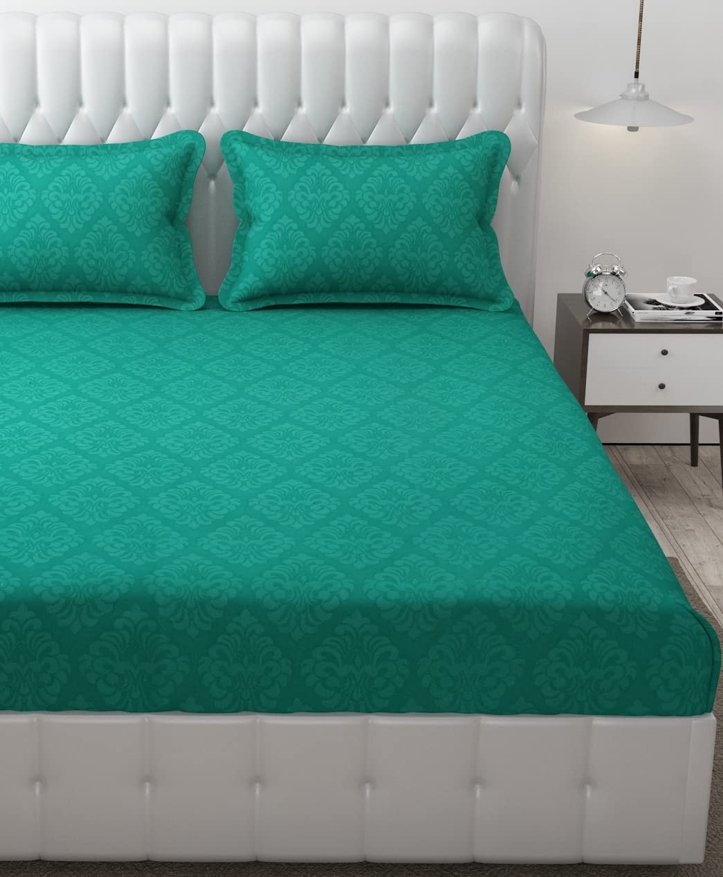 144 TC Rotary Printed King Size Bedsheet With 2 Pillow Covers - 90 X 95 Inches | Sea Green, Damas Design Bedsheet | Machine Washable & Wrinkle Resistant