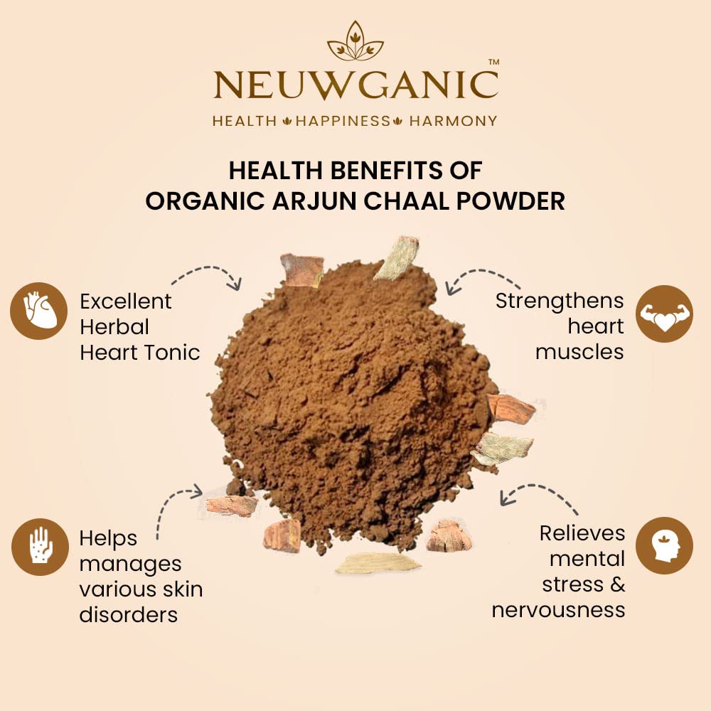 Neuwganic Organic Arjun Chaal Powder, India Organic & Usda Organic Certified, Promotes Good Cholesterol, Arjun Powder | 650gm 1.4lbs