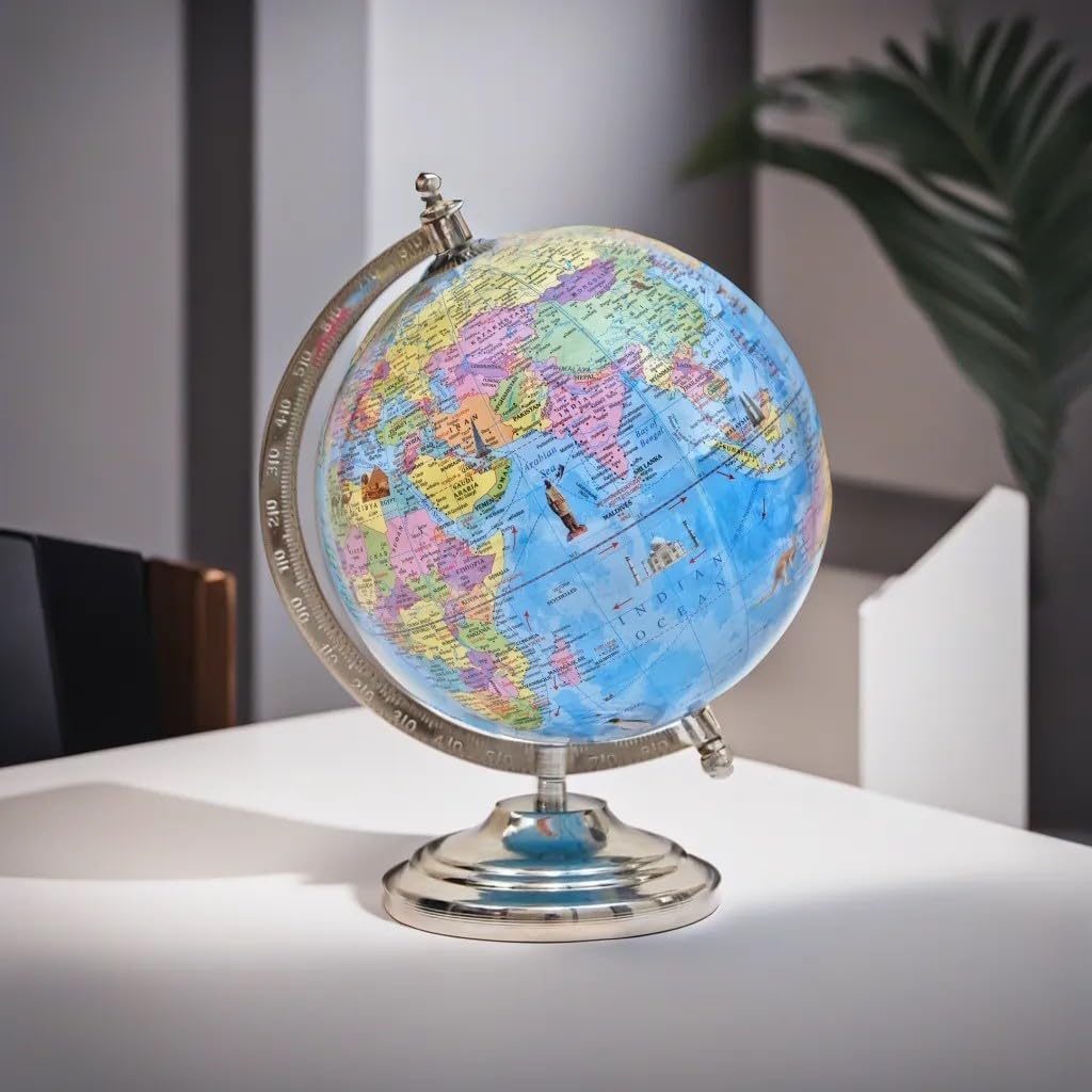 Educational Globe Glass, Rotating World Globe With Steel Finish Arc & Base | World Globe, For Kids Learning, Students & Home Decor, Office Desk, Pack Of 1