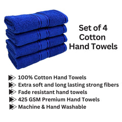 Stamio Cotton Hand Towel 800 Gsm | Soft, Absorbent, Quick Dry, Small Size Towels, Travel Friendly Towel (Navy Blue) - Set Of 4