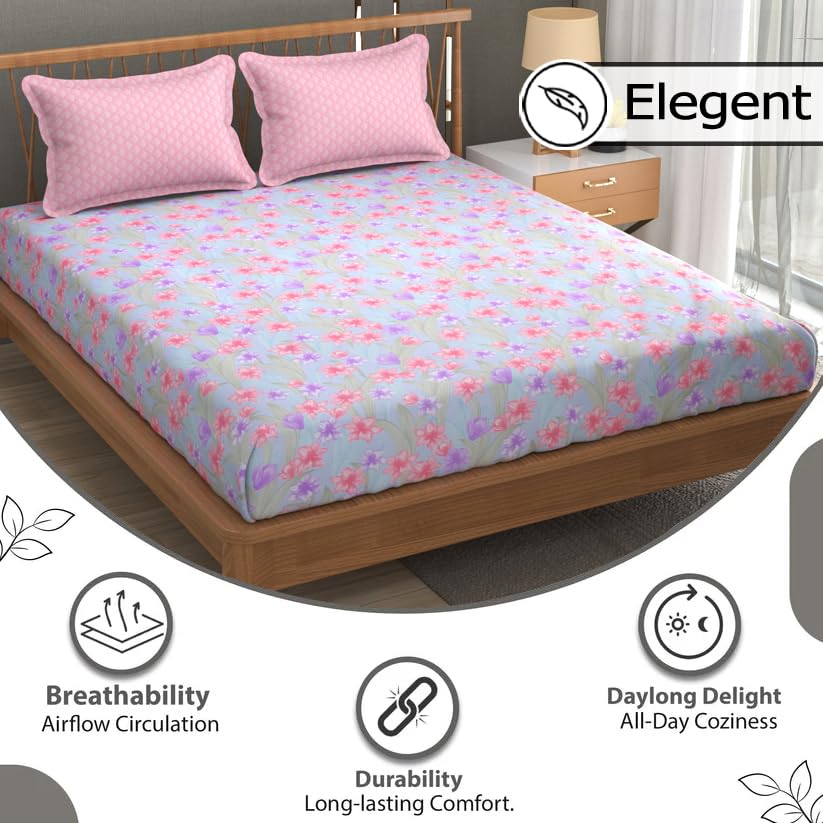 Printed King Size Bedsheet With 2 Pillow Cover - 108 X 108 Inches, Multicolor | Double Bed Breathable & Wrinkle Free | All-Season Comfort Bedsheet