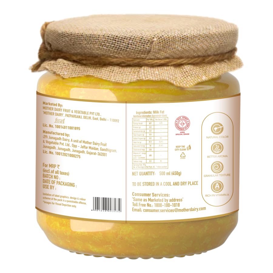 100% Pure Gir Cow Ghee By Mother Dairy | Good Source Of Energy Healthy & Nutrients Desi Cow Ghee Perfect For Muscles | (500ml) 16.9 Ounce | Jar Pack