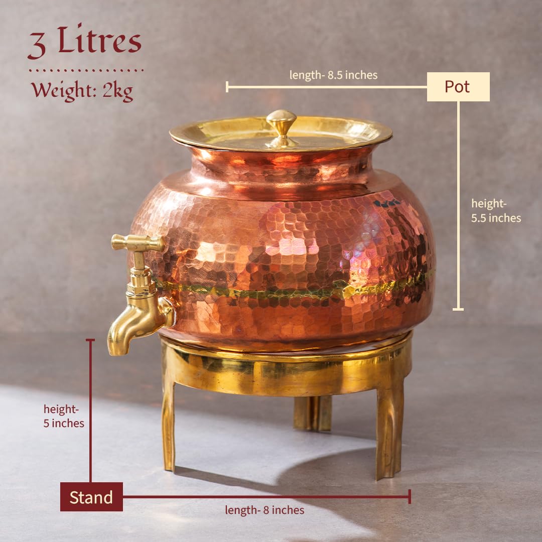 Pure Copper Water Dispenser (Matka), 3 Liters | Leak Proof Water Container Pot With Tap For Ayurvedic Health Benefits