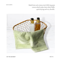 Favori Soft 100% Cotton Face Towel 450 Gsm | Terry Thick Quick Dry & Skin-Friendly Wash Cloth For Men & Women (Sage Green) - Set Of 4