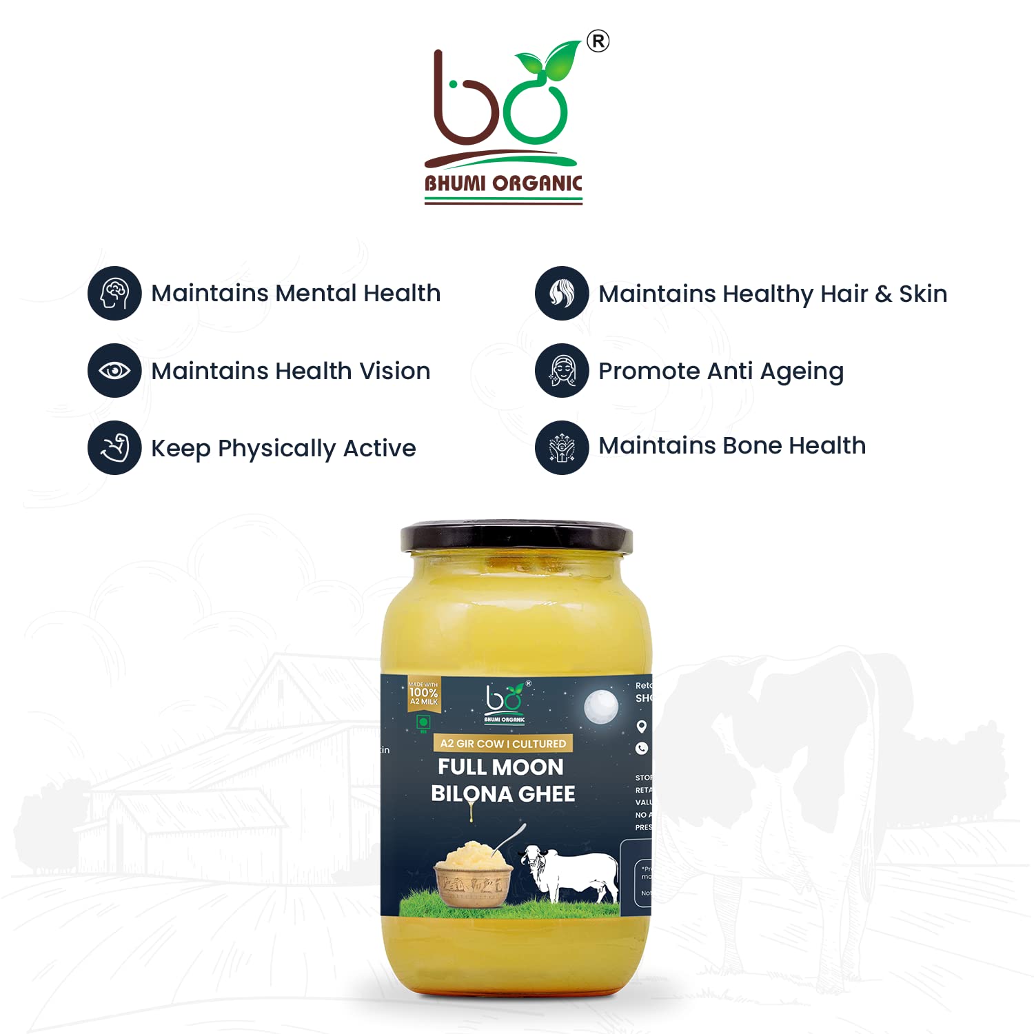 100% Pure Full Moon Cow Ghee By Bhumi Organic | Naturally & Healthy Bilona Method Cow Ghee Perfect For Weight Loss | (1 Litr) 33.8 Ounce | Jar Pack
