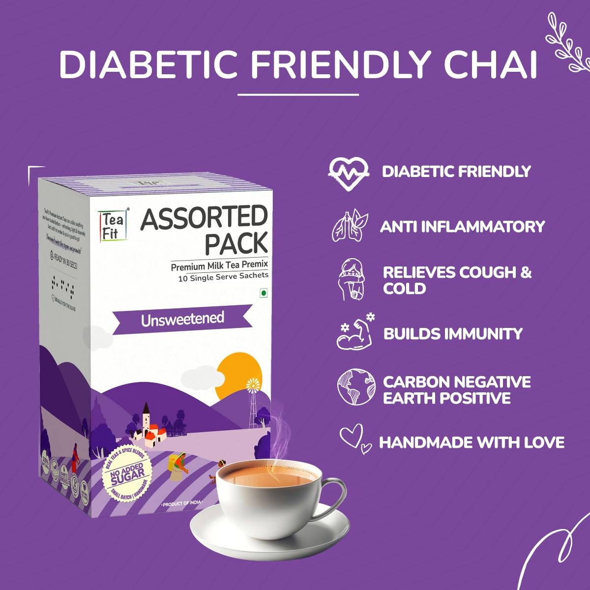 Teafit Premium Milk Tea Premix Assorted Tea - Pack Of 10 Sachets With Spoon | Made With Ginger Cardamom Masala Saffron Lemongrass - Just Add Water | No Sweeteners, Gluten Free