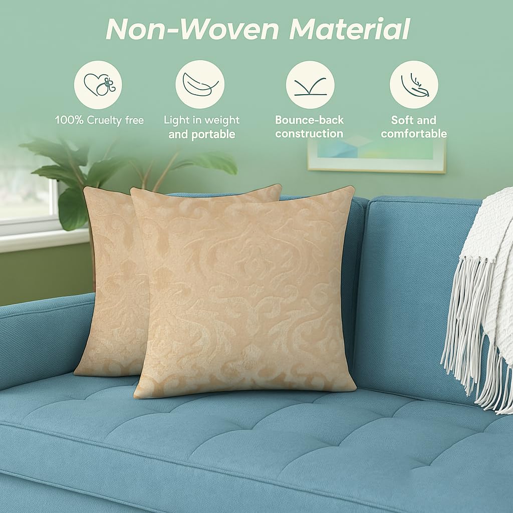 Microfiber Square Pillow Cushion For Sofa & Bed, Beige - 24 X 24 Inch | Soft, Fluffy For Comfort & Back Support | Breathable, Washable | Premium Velvet Outer Cover With Zip - Set Of 5