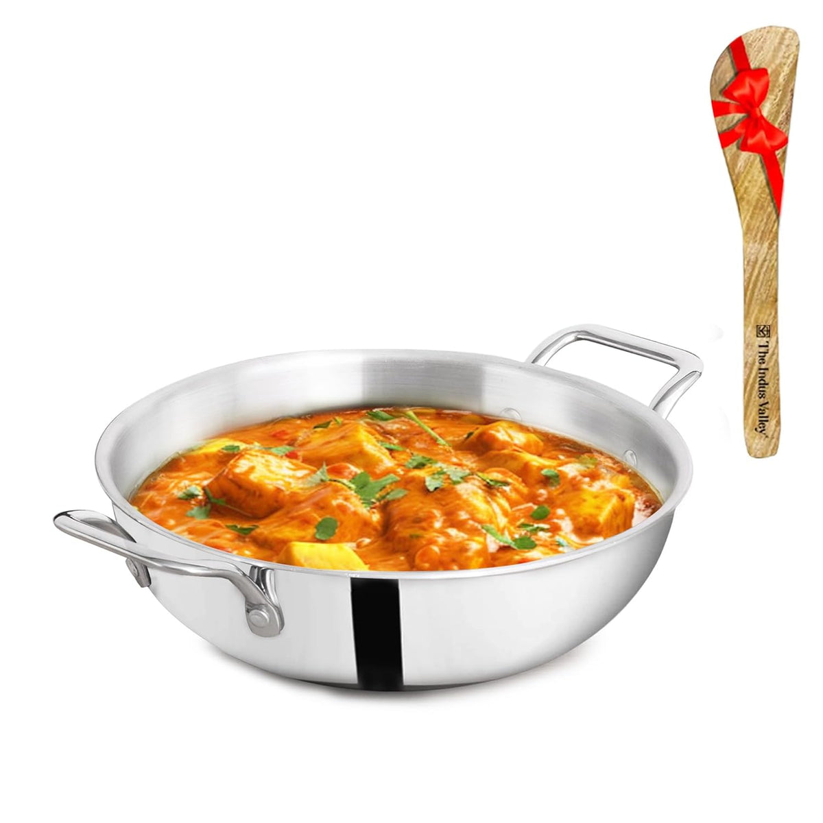 Triply Stainless Steel Kadai Or Kadhai With Free Wooden Spatula For 3-4 People - Medium, 23.4cm, 9.2 Inch, 2.7 Liters, 1.2 Kg | Induction Friendly, Nonstick 3-Layer Body, No Chemical Coating