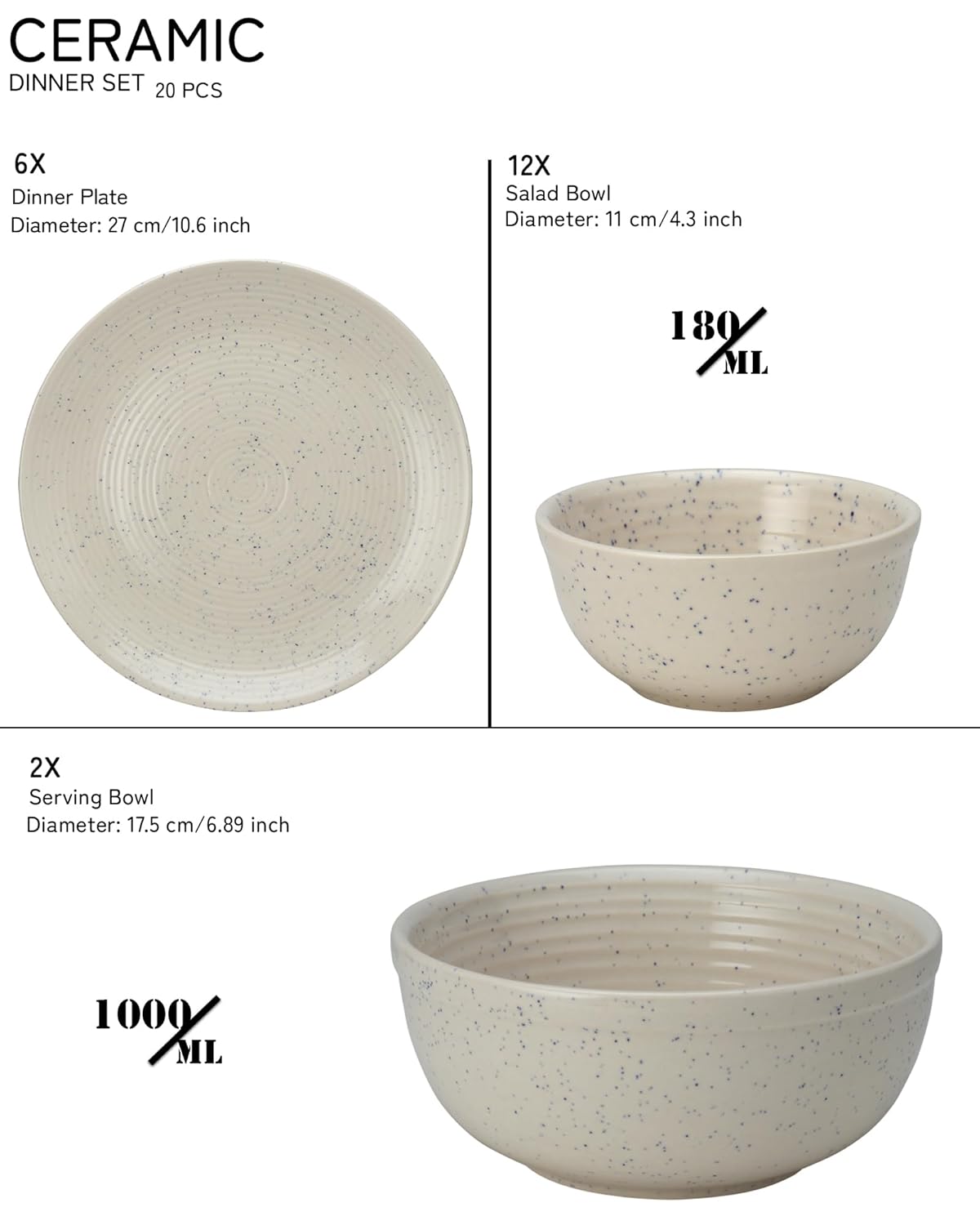 Handcrafted Ceramic Stoneware Dinner Set Of 20 Pcs With Serving Bowl Set - Ivory White | 6 Dinner Plates, 10.6 Inch Each + 12 Salad Bowl, 180ml Each+ 2 Serving Bowl, 1000ml Each | Serving For 6