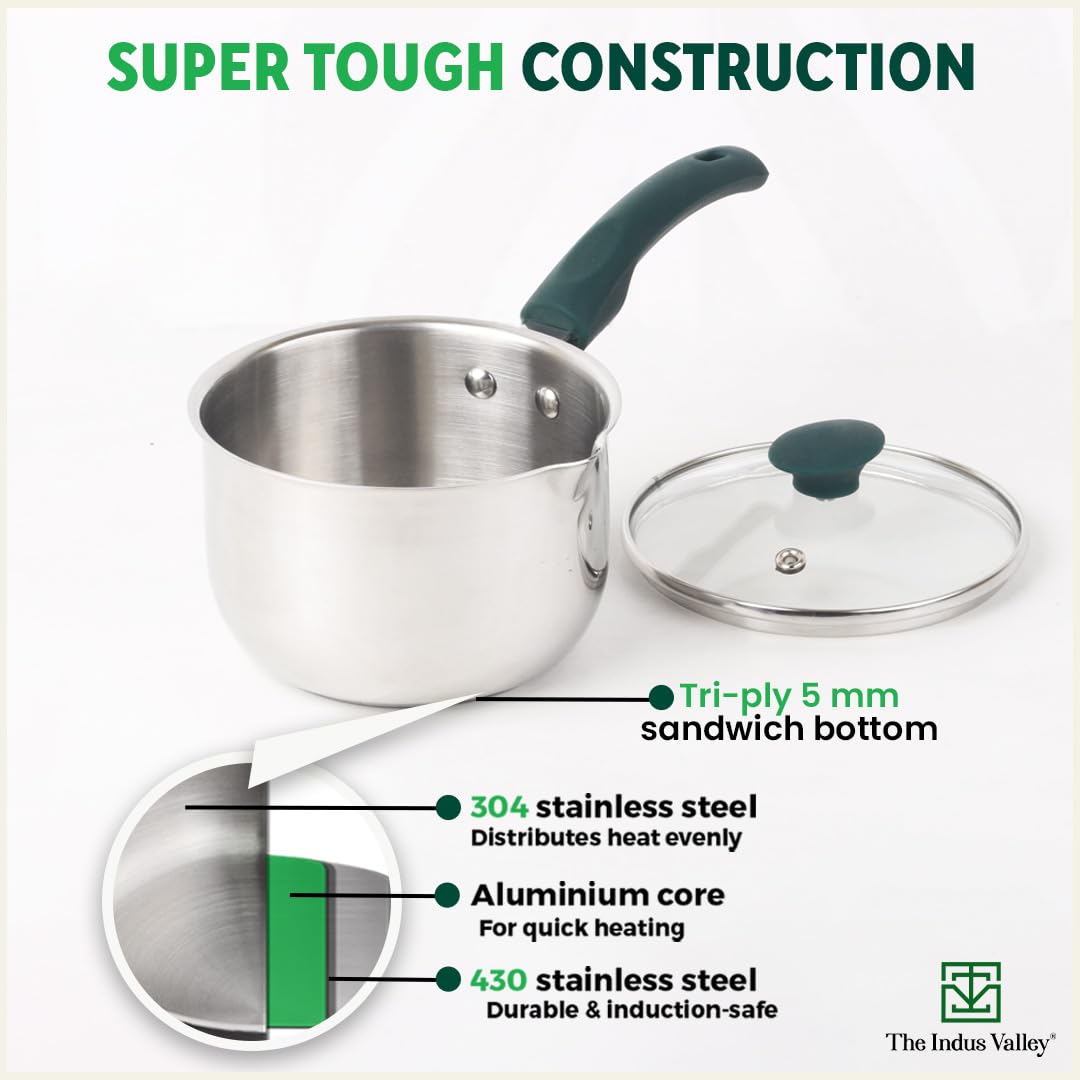 Stainless Steel Sauce Pan Or Milk Pan With Glass Lid - Very Small, 15.1cm, 5.9 Inch, 1 Liter, 0.8 Kg | Induction Friendly, 3-Layer Bottom, 100% Toxin-Free, Naturally Non-Stick, Long Lasting