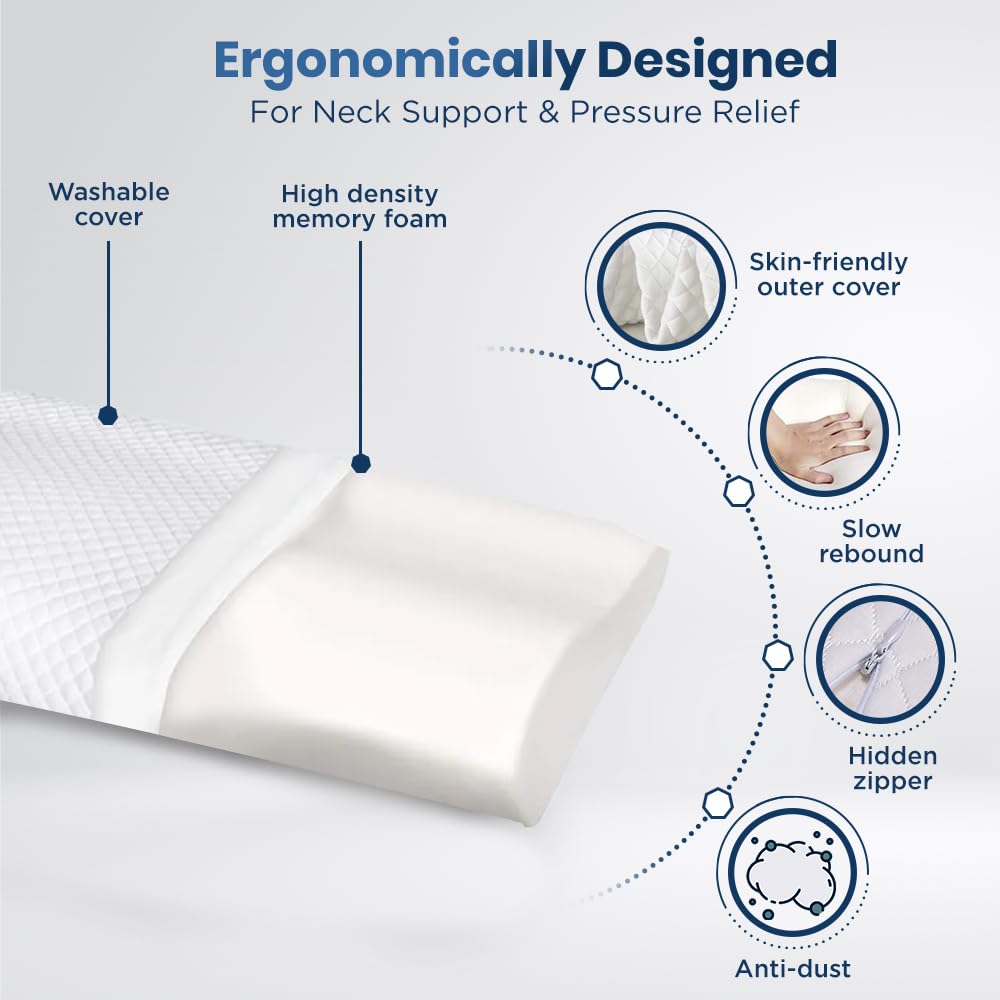 Cervical Sleeping Pillow For Spondylitis, Back & Neck Pain Relief, Size - Small | Memory Foam Contour Pillow, Removable Cover, Supports Back, Side, Stomach Sleepers, Anti-Snoring