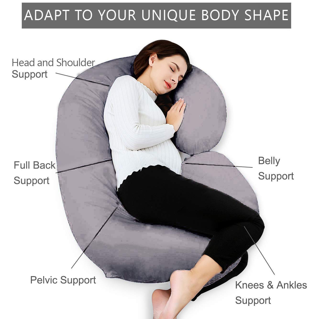 Pregnancy Pillow, C Shaped Maternity Pillow, Pillow For Pregnant Women, Grey | Hollow Fiber, Body Pillow With Zippered Cover, Soft Comfort Cotton Pillow, Adjustable, Full Body Support