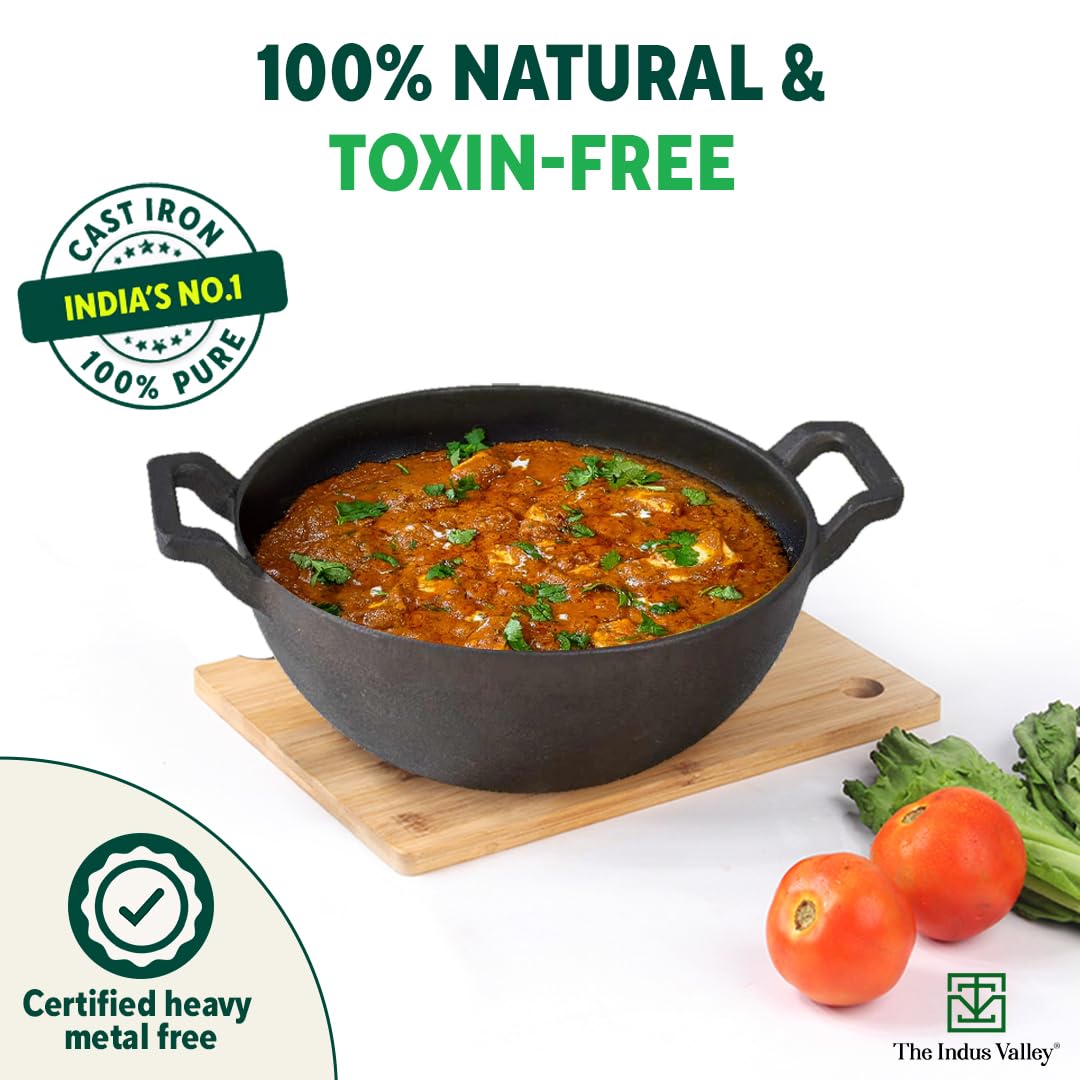 Pre-Seasoned Black Cast Iron Kadai With Curved Handles - Small, 21 Cm, 8 Inch, 1.7 Liters, 1.7 Kg | Induction Friendly, Naturally Nonstick Kadhai, 100% Pure & Toxin-Free, No Chemical Coating