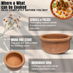 Exclusive Range Unglazed Clay Pot For Cooking & Serving Pack Of 2 - 1 Liters Each | Red-Ochre (Gerua)