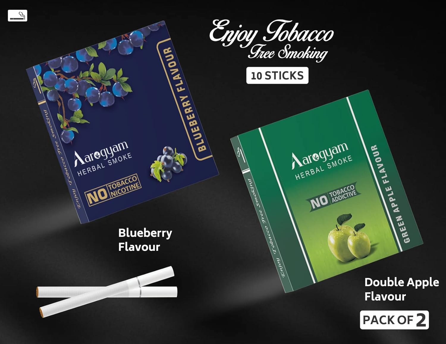 Aarogyam Herbals Pack Of 2 Flavours 100% Tobacco & Nicotine Free Cigarette For Relieve Stress & Mood Enhance Product Green Apple, Blueberry - 10 Sticks X 2 Packets