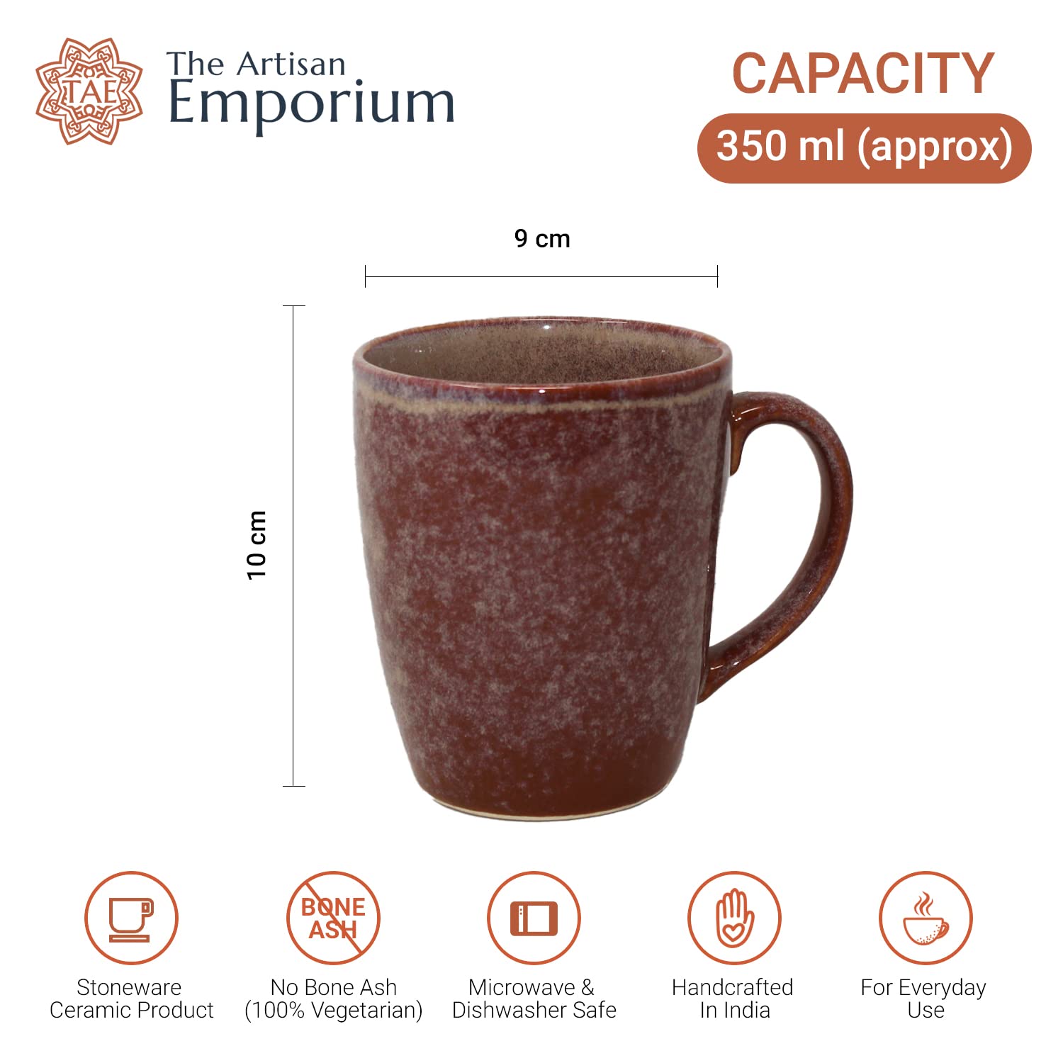 Handcrafted Rusty Caramel Ceramic Coffee Mug Set Of 2 - 350ml Each | Ceramic Mugs For Coffee, Tea, Milk - Microwave Safe & Dishwasher Safe