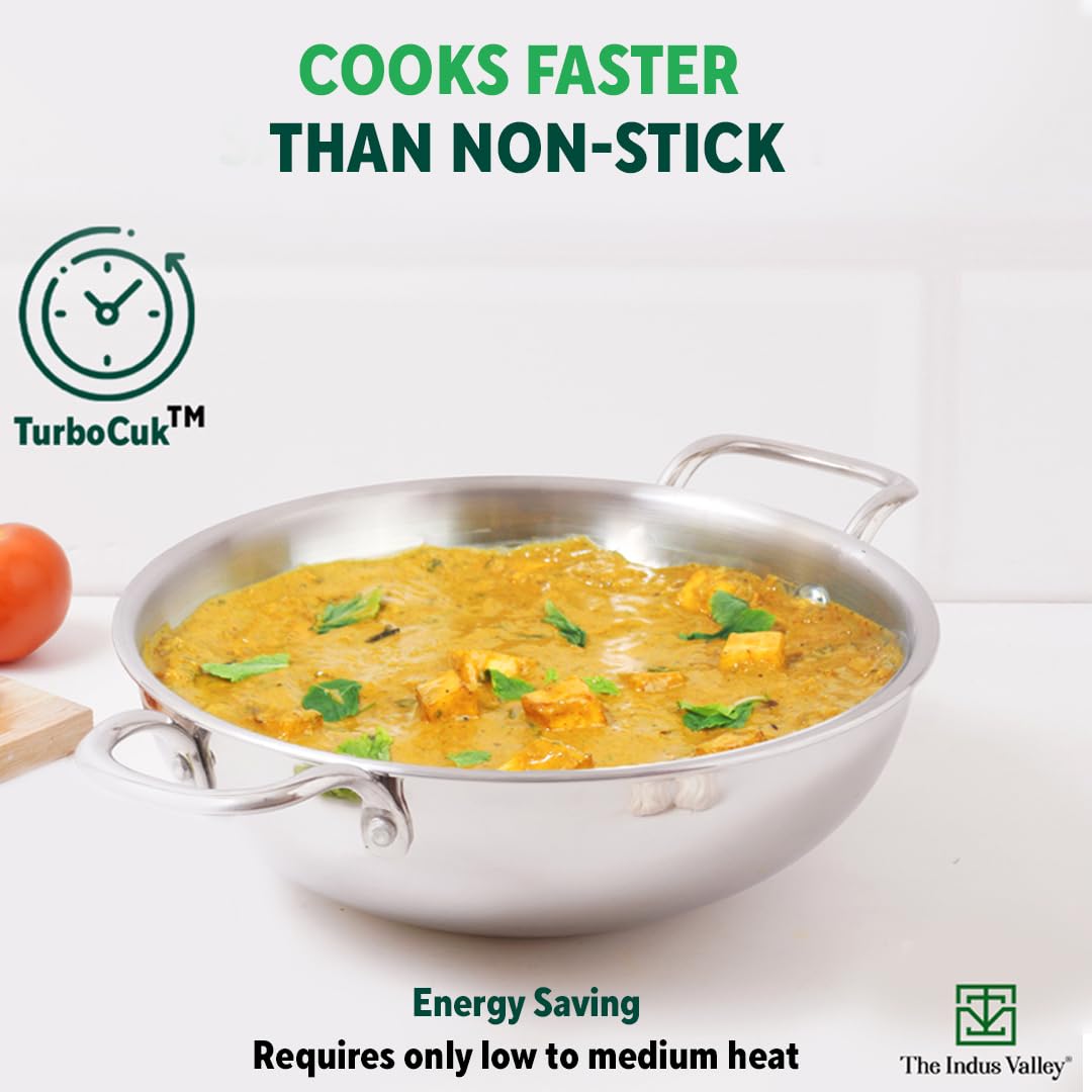 Triply Stainless Steel Kadai With Handle - Medium 23.4cm, 9.2 Inch, 2.7 Liters, 1.2 Kg | Induction Friendly, Nonstick 3-Layer Body, 100% Pure & Toxin-Free, No Chemical Coating