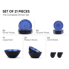Ceramic Dinner Set Of 21 Pcs, Blue Reactive | Crockery Set - Dining Sets Crockery Items | 6 Dinner Plates+ 6 Quarter Plates+ 6 Veg Bowls, 220ml Each+ 2 Medium Bowls, 850ml Each+ 1 Large Bowl, 1400ml