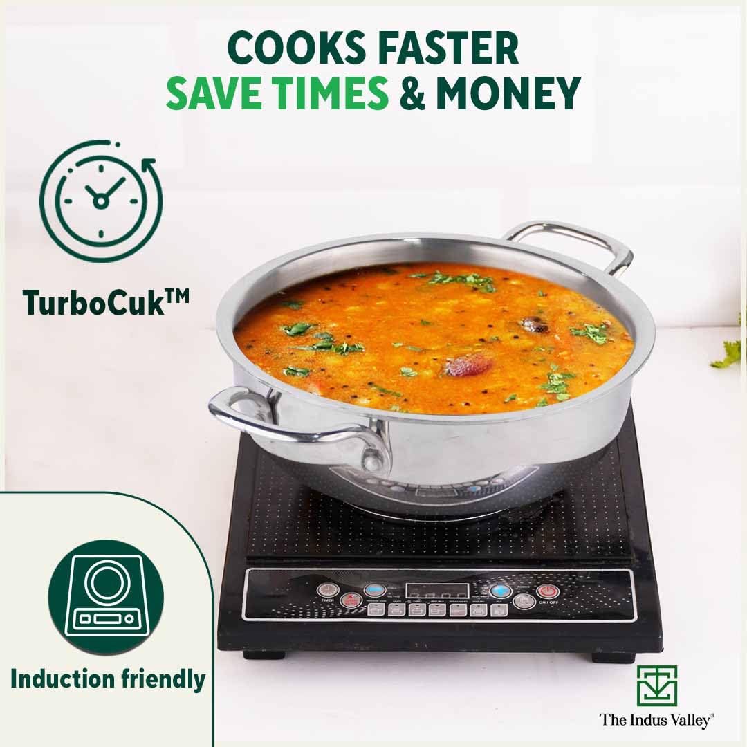 Triply Stainless Steel Deep Kadai With Glass Lid - 22.2cm, 8.7 Inch, 1.5 Liters, 1.38 Kg | Induction Friendly, Nonstick 3-Layer Body, 100% Pure & Toxin-Free, Silver