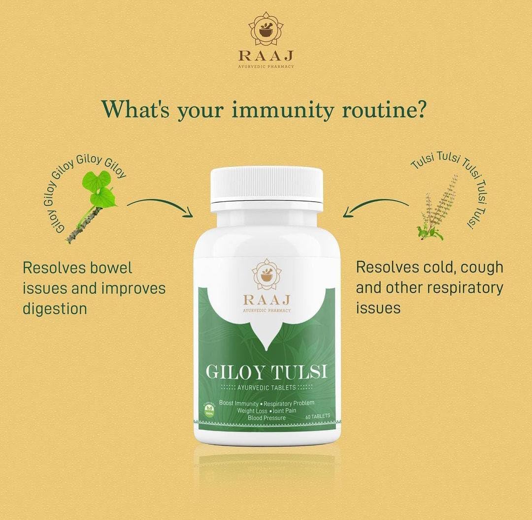 Raaj Ayurvedic Pharmacy Giloy Tulsi Tablets Natural Immunity Booster Ayurved Supplement Enhances Strength & Stamina, Natural Immunity Booster, Purifies Blood | 60 Tablets 100gm Each Pack Of 3