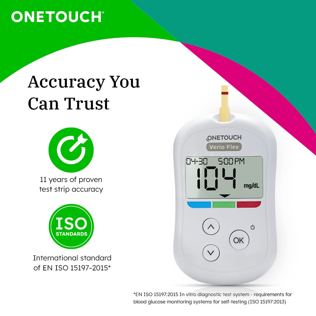 OneTouch Verio Flex glucometer machine | Sync your results with OneTouch Reveal mobile app | Simple & accurate testing of blood sugar levels at home | Global Iconic Brand | FREE 10 Test Strips + 10 Sterile Lancets + 1 Lancing device