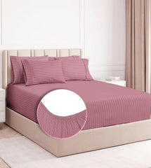 King Size Bedsheets With 2 Pillow Covers - Size-78 X72+10 Inches, Pink | All Around Elastic 220 TC Super Soft Striped Pattern Breathable