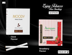 Aarogyam Herbals Pack Of 2 Flavours 100% Tobacco & Nicotine Free Cigarette For Relieve Stress & Mood Enhance Product Strawberry, Moody Clove Flavour - 10 Sticks X 2 Packets