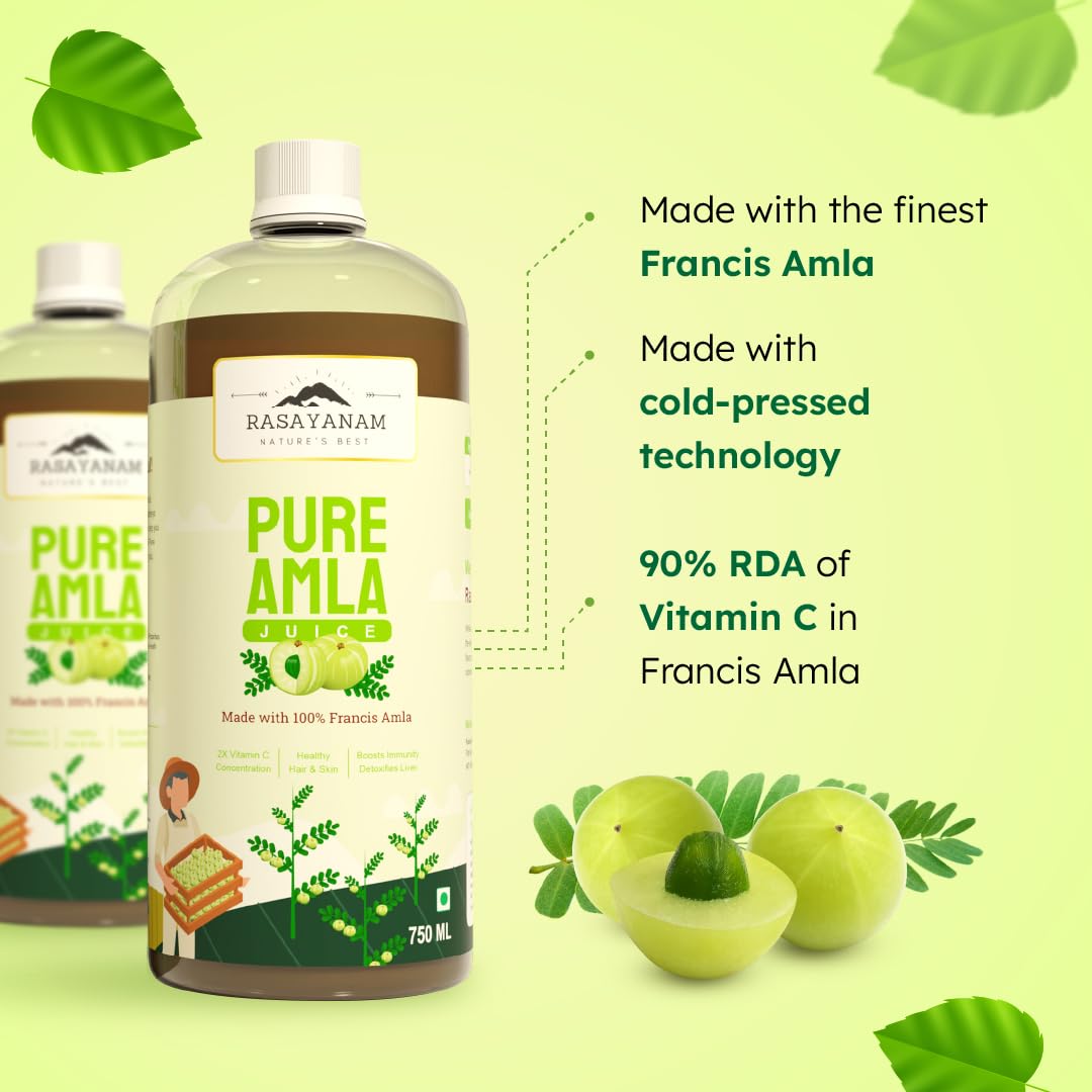 Rasayanam Pure Amla Juice Healthy Hair & Skin Immunity Booster Vitamin C Natural & 100% Pure, Made With Cold Pressed Francis Amla | 750ml 1.6lbs