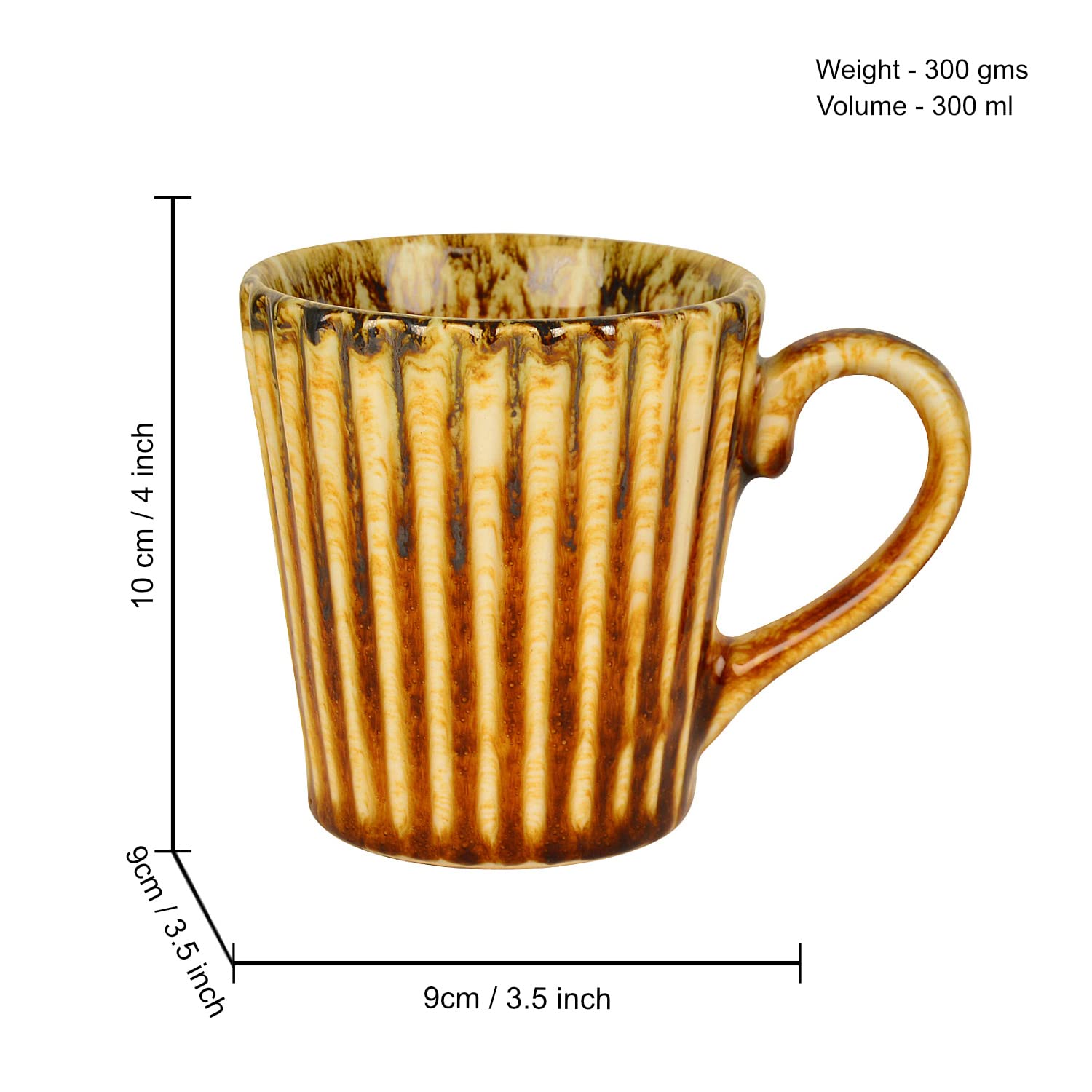 Ceramic Ribbed Coffee Mugs Set Of 2 - 300ml Each, Brown | Milk Mugs - Chai Cups - Tea Cups & Mugs